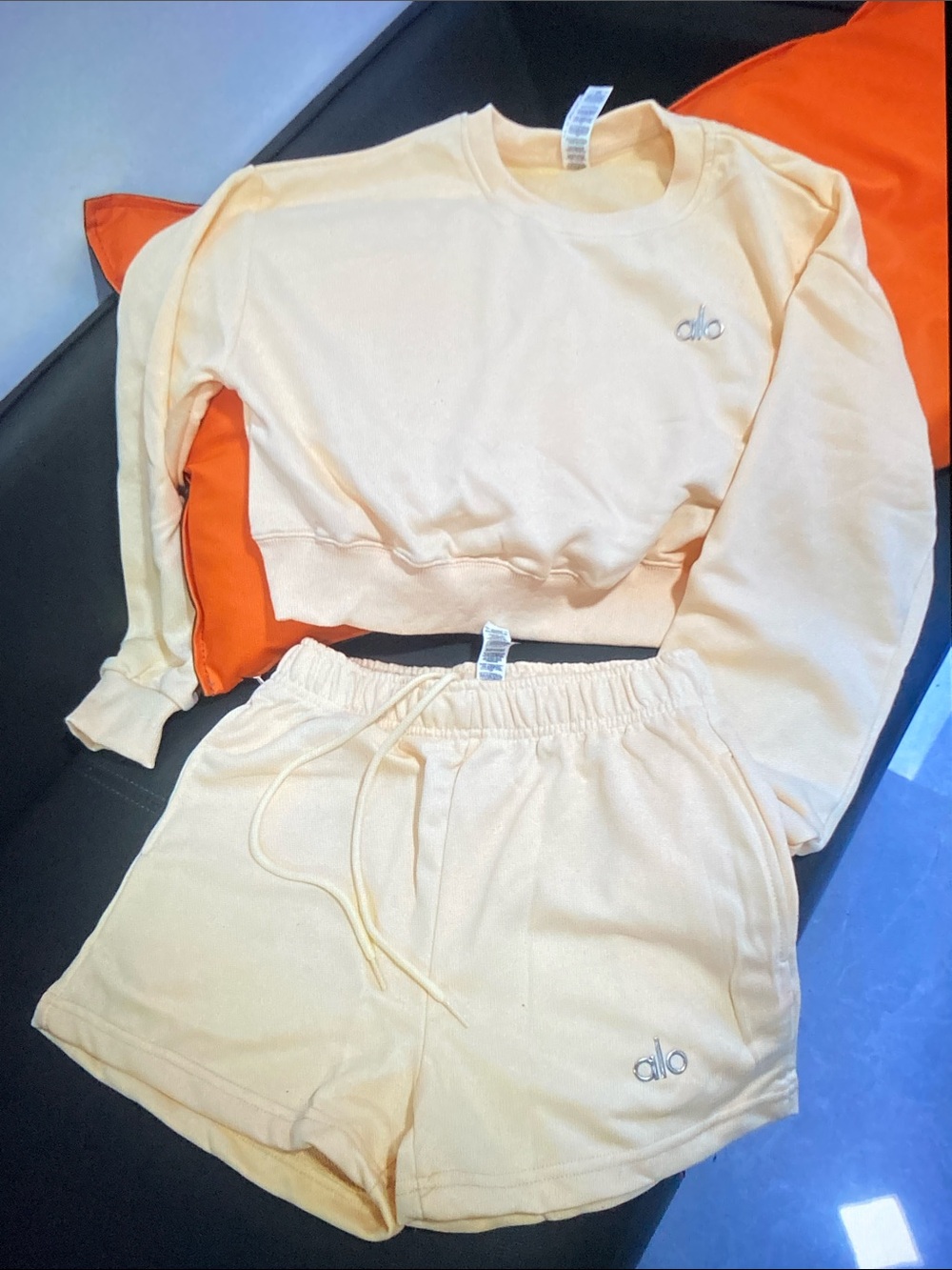 Alo Yoga Cream Cropped Sweatshirt & Shorts 2 Piece Lounge Set
